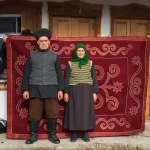 Женщина и мужчина около узорного войлока (Истанг). Дишни-Ведено, 1964 г.